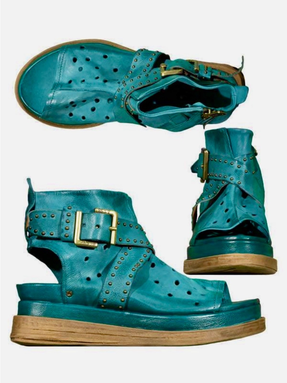 A.S.98 Teal Studded Buckle Platform Sandal